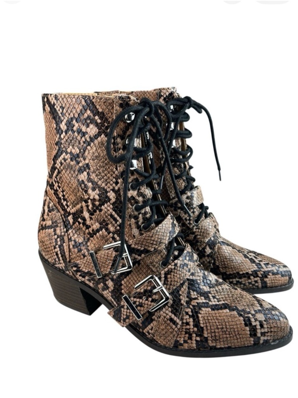Express Women’s Ankle Booties Size 8 Brown Snakeskin Block Heel Lace-Up Boots